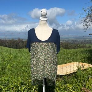 Free People Mesh Linen blend Blue Floral Cottage Top